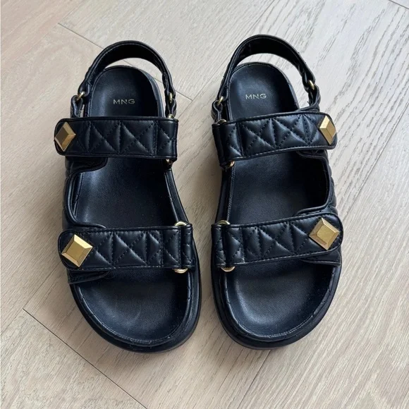 Mango Quilted Black Sandals with Gold Studs - Picture 1 of 6